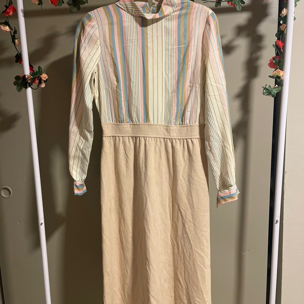 Vintage -- Pink and Blue Sheath Dress with Bishop Sleeves